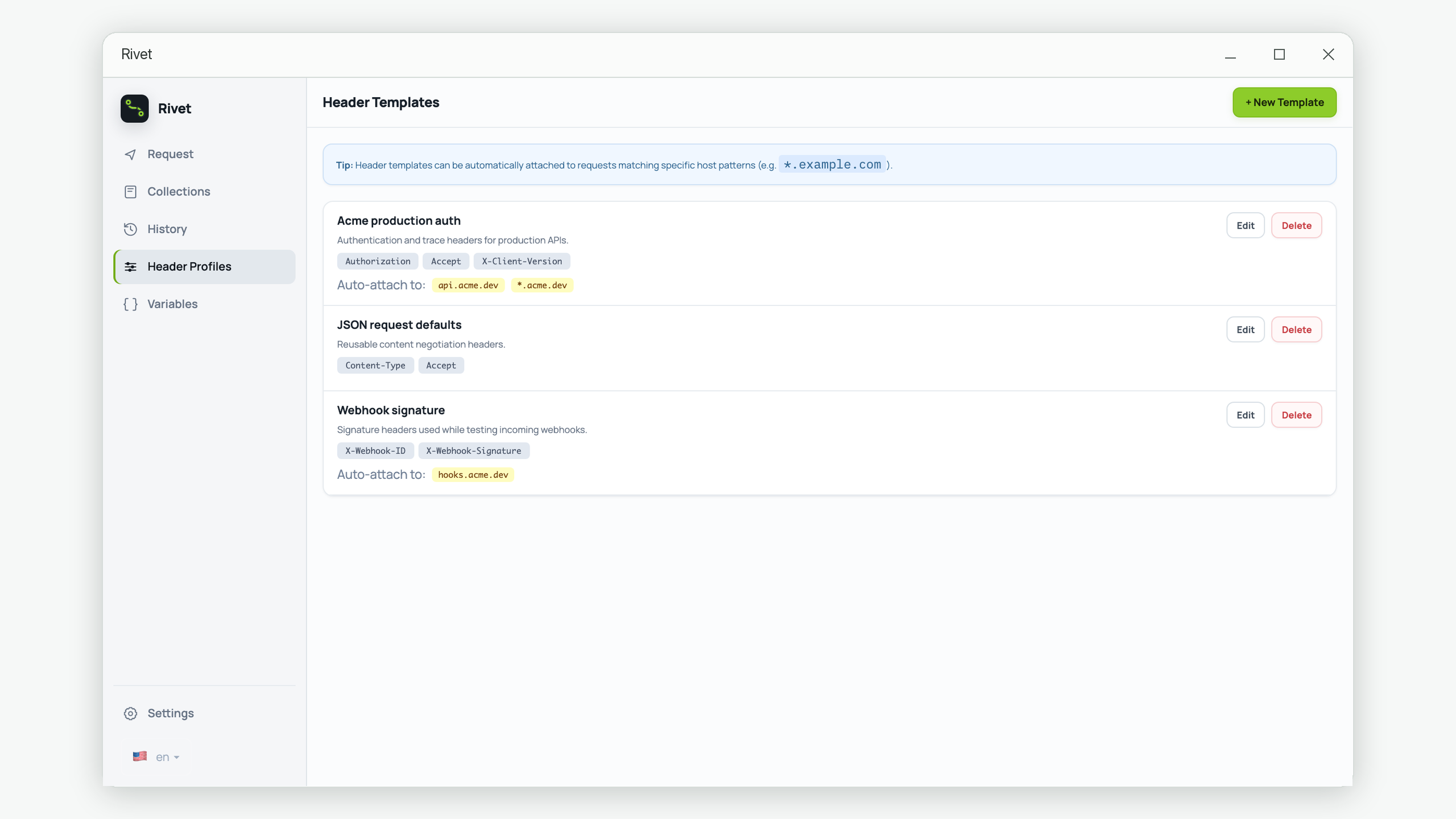 Rivet reusable HTTP header profiles with host matching rules