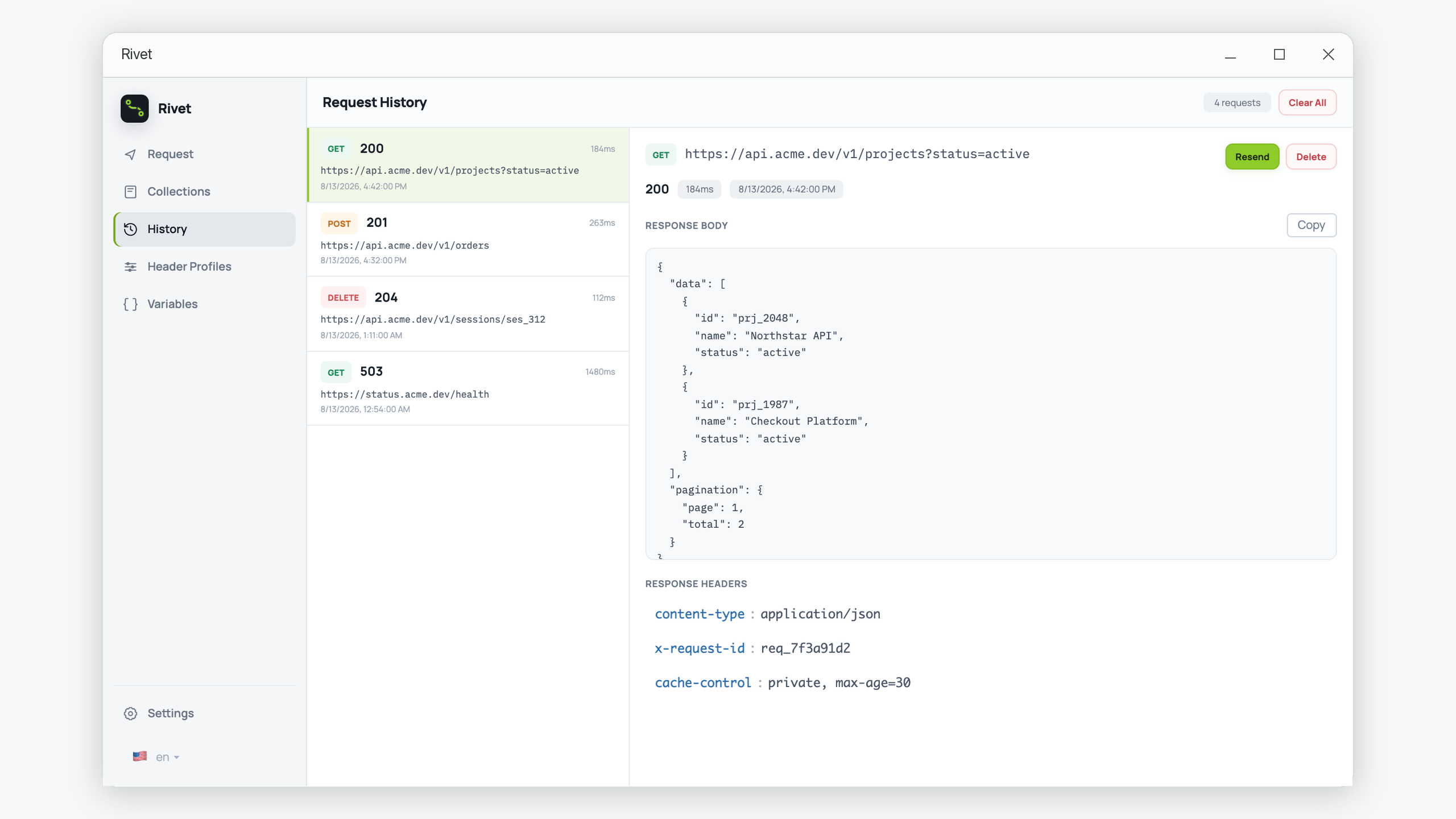Rivet request history with status codes, response body, response headers, and resend controls