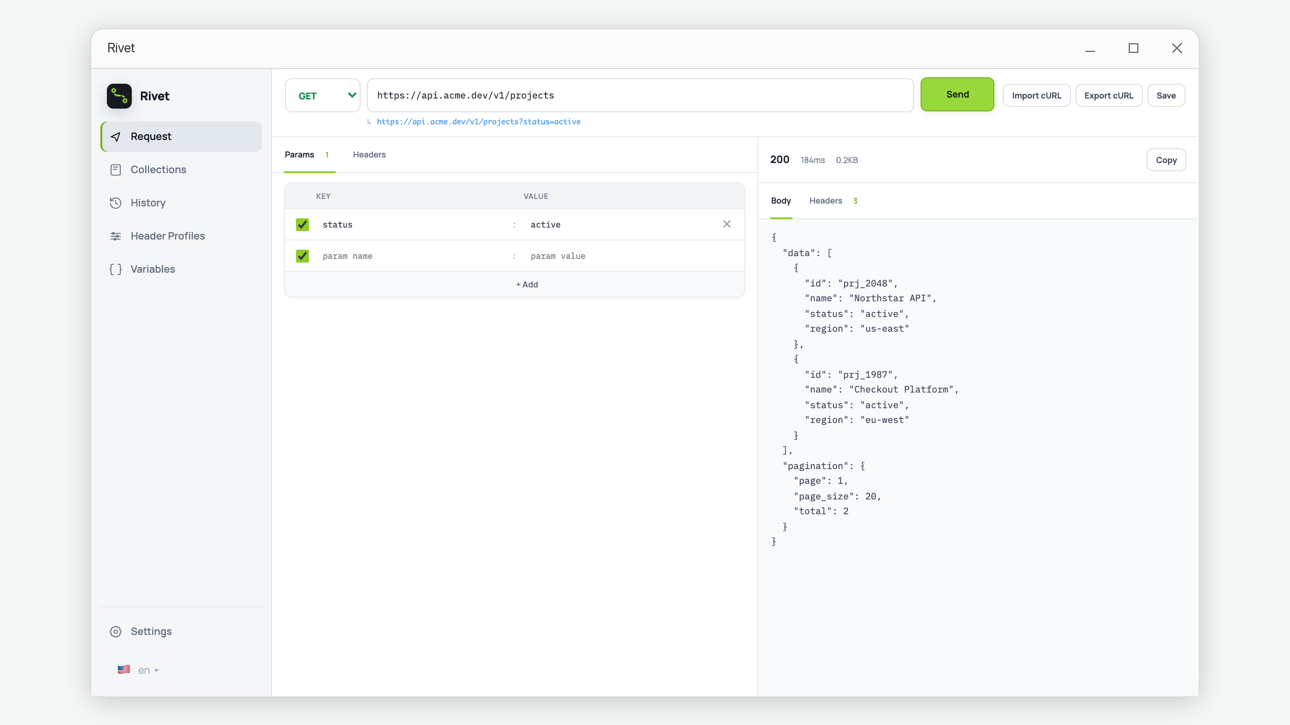 Rivet HTTP request workbench showing a GET request with query parameters and a JSON response