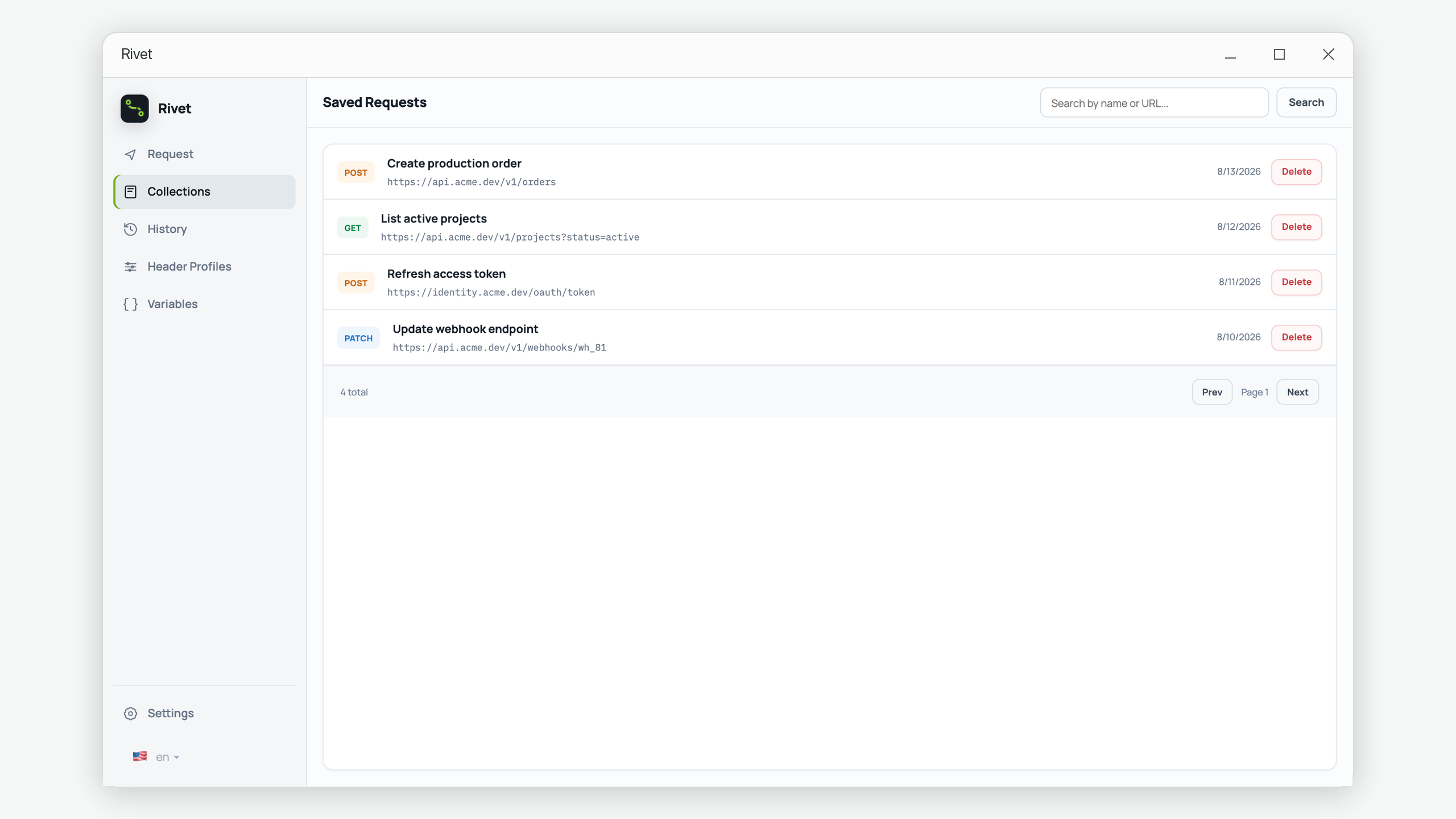 Rivet saved HTTP requests list with methods, names, URLs, search, and pagination